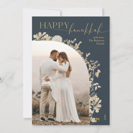 ブルーエレガント金ゴールドスクリプトハッピーハヌカー シーズンカード (正面)
