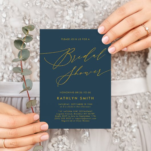 ブルーエレガント金ゴールドスクリプトミニマルブライダルシャワー 招待状