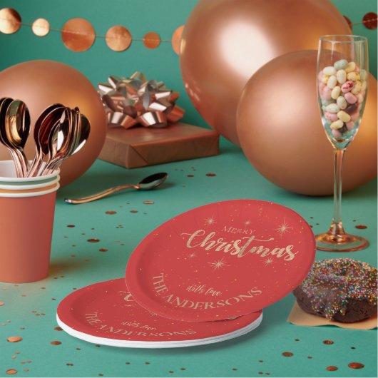 ブルーエレガント金ゴールドスターズネームメリークリスマスパーティー ペーパープレート (複数)