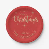 ブルーエレガント金ゴールドスターズネームメリークリスマスパーティー ペーパープレート (正面)