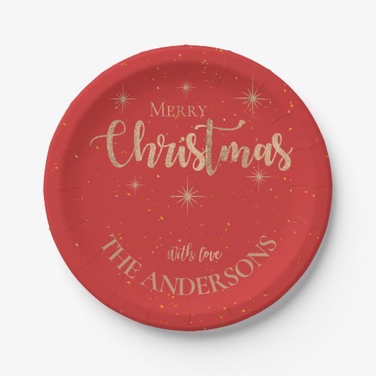 ブルーエレガント金ゴールドスターズネームメリークリスマスパーティー ペーパープレート (正面)