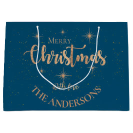 ブルーエレガント金ゴールドスターズネームメリークリスマス ラージペーパーバッグ