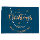ブルーエレガント金ゴールドスターズネームメリークリスマス ラージペーパーバッグ (裏面)