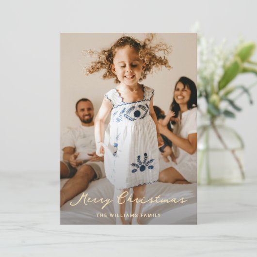 ブルーエレガント金ゴールドスターズScriptフォトクリスマス シーズンカード (スタンド正面)