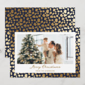 ブルーエレガント金ゴールドスターフォトメリークリスマス シーズンカード (正面/裏面)