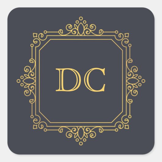 ブルーエレガント金ゴールドデザインモノグラム スクエアシール (正面)