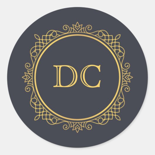 ブルーエレガント金ゴールドデザインモノグラム ラウンドシール (正面)