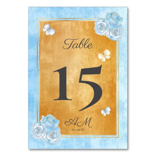 ブルーエレガント金ゴールドバラ蝶キンチェニェラ テーブルナンバー (正面)