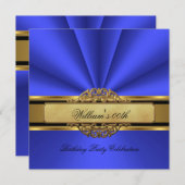 ブルーエレガント金ゴールドバースデーパーティーメンズマン 招待状 (正面/裏面)