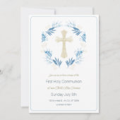 ブルーエレガント金ゴールドファースト聖餐式 招待状 (正面)