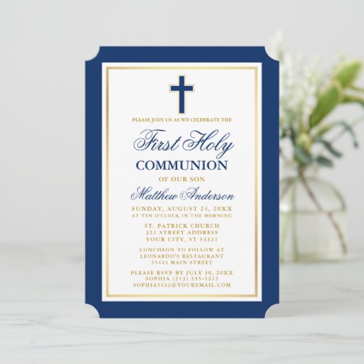 ブルーエレガント金ゴールドファースト聖餐式 招待状 (スタンド正面)