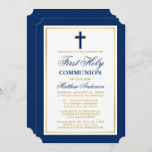 ブルーエレガント金ゴールドファースト聖餐式 招待状 (正面/裏面)