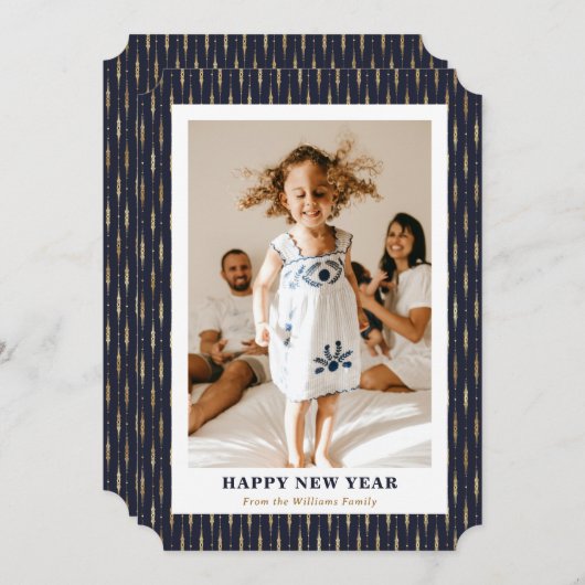 ブルーエレガント金ゴールドフォトハッピーニューイヤーカード シーズンカード (正面/裏面)