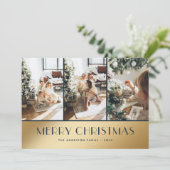 ブルーエレガント金ゴールドフォトメリークリスマスカード シーズンカード (スタンド正面)