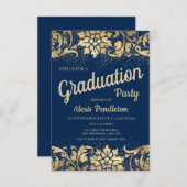 ブルーエレガント金ゴールドフローラグリッター卒業パーティー 招待状 (正面/裏面)