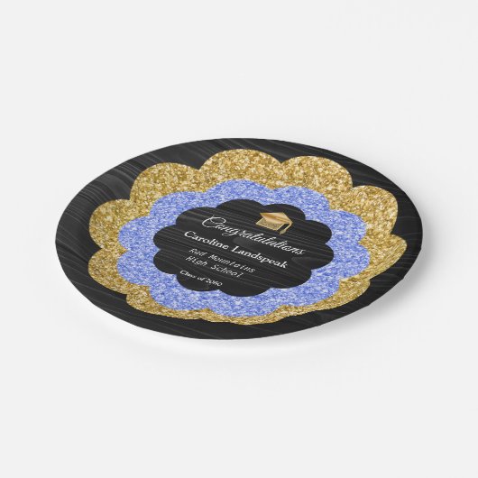 ブルーエレガント金ゴールドフローラ卒業パーティー ペーパープレート (アングル)