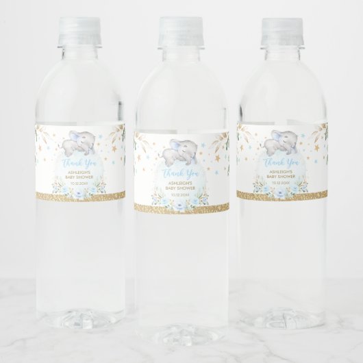 ブルーエレガント金ゴールドフローラ少年ベビーゾウのシャワー ペットボトルラベル (ボトル)