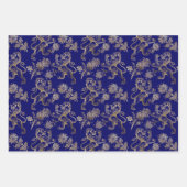 ブルーエレガント金ゴールドフローラ ラッピングペーパーシート (正面)