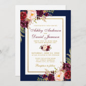 ブルーエレガント金ゴールドブルゴーニュフローラ結婚式 招待状 (正面/裏面)