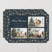 ブルーエレガント金ゴールドホリーファミリー3写真クリスマス シーズンカード (正面/裏面)