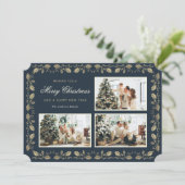 ブルーエレガント金ゴールドホリーファミリー3写真クリスマス シーズンカード (スタンド正面)