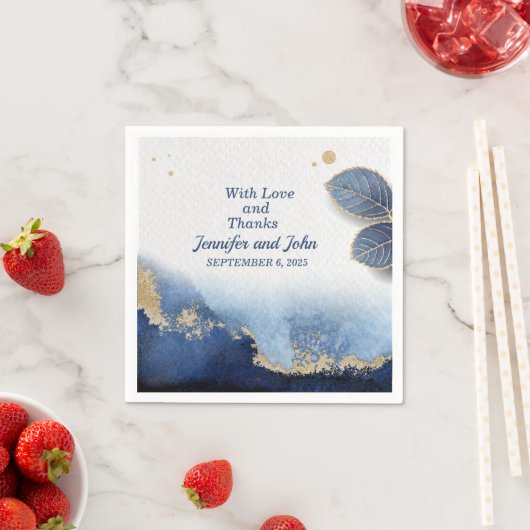 ブルーエレガント金ゴールドマーブルボタニカル結婚ズ スタンダードカクテルナプキン (インサイチュ)