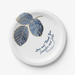 ブルーエレガント金ゴールドマーブルボタニカル結婚ズ ペーパープレート