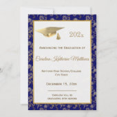 ブルーエレガント金ゴールドライオンフローラ卒業 案内状 (正面)