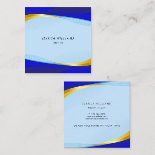 ブルーエレガント金ゴールドラグジュアリーデザイナーロゴスクエアブシ スクエア名刺 (正面/裏面)