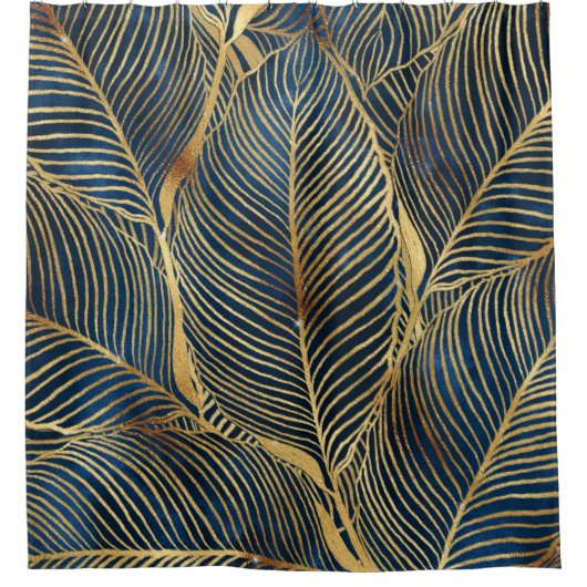 ブルーエレガント金ゴールドリーフデザイン シャワーカーテン (正面)