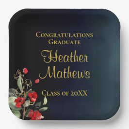 ブルーエレガント金ゴールドレッドフローラ卒業パーティー ペーパープレート