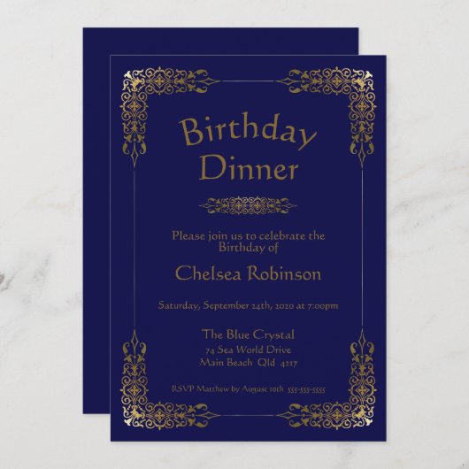 ブルーエレガント金ゴールドレース誕生日ディナー招待状 招待状 (正面/裏面)