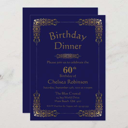 ブルーエレガント金ゴールドレース60th誕生日ディナー招待状 招待状 (正面/裏面)