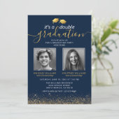 ブルーエレガント金ゴールド共同卒業写真 招待状 (スタンド正面)