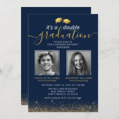 ブルーエレガント金ゴールド共同卒業写真 招待状 (正面/裏面)