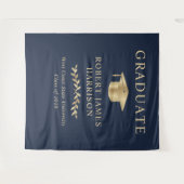 ブルーエレガント金ゴールド卒業パーティーへようこそ タペストリー (正面(横))