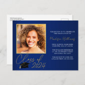 ブルーエレガント金ゴールド卒業パーティー招待状 ポストカード (正面/裏面)