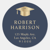 ブルーエレガント金ゴールド卒業差出人住所 ラウンドシール (正面)