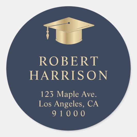 ブルーエレガント金ゴールド卒業差出人住所 ラウンドシール (正面)
