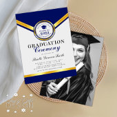 ブルーエレガント金ゴールド卒業式招待状 招待状