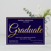 ブルーエレガント金ゴールド大学院卒業 箔招待状 (立ち正面)