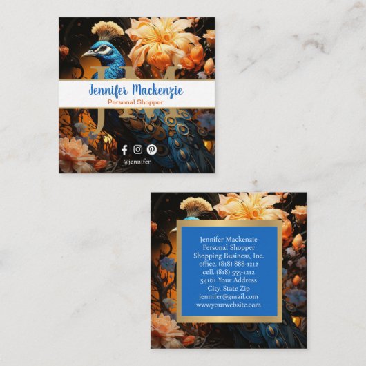 ブルーエレガント金ゴールド孔雀 スクエア名刺 (正面/裏面)