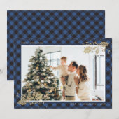 ブルーエレガント金ゴールド格子模様フォトクリスマスカード シーズンカード (正面/裏面)