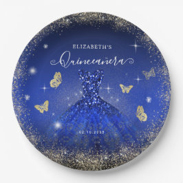 ブルーエレガント金ゴールド王室のグリッターガウンキンセアニラ ペーパープレート