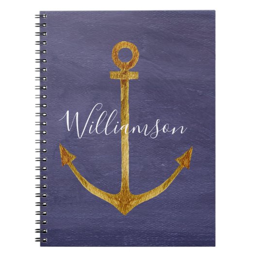ブルーエレガント金ゴールド航海のいかりボートヨット ノートブック (正面)