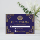 ブルーエレガント金ゴールド華美クラウンRSVP 出欠カード (スタンド正面)