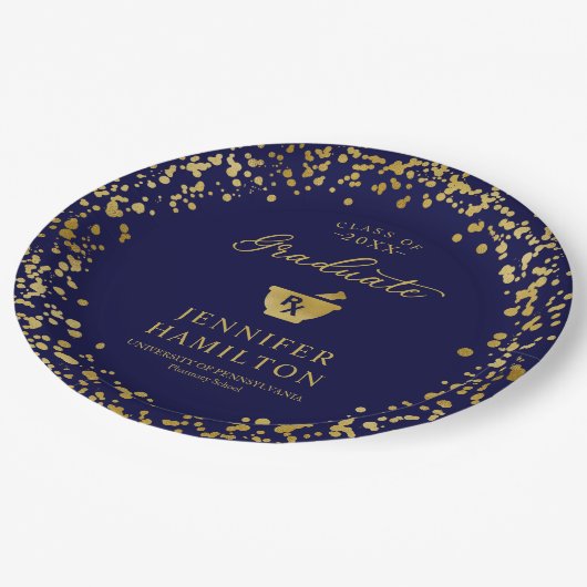 ブルーエレガント金ゴールド薬学学校卒業 ペーパープレート (アングル)