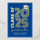 ブルーエレガント金ゴールド高校の卒業発表 箔招待状 (正面)