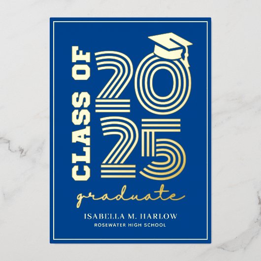 ブルーエレガント金ゴールド高校の卒業発表 箔招待状 (正面)