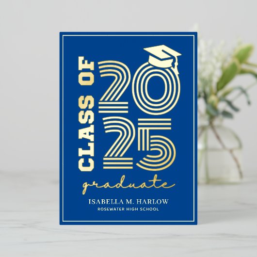 ブルーエレガント金ゴールド高校の卒業発表 箔招待状 (立ち正面)